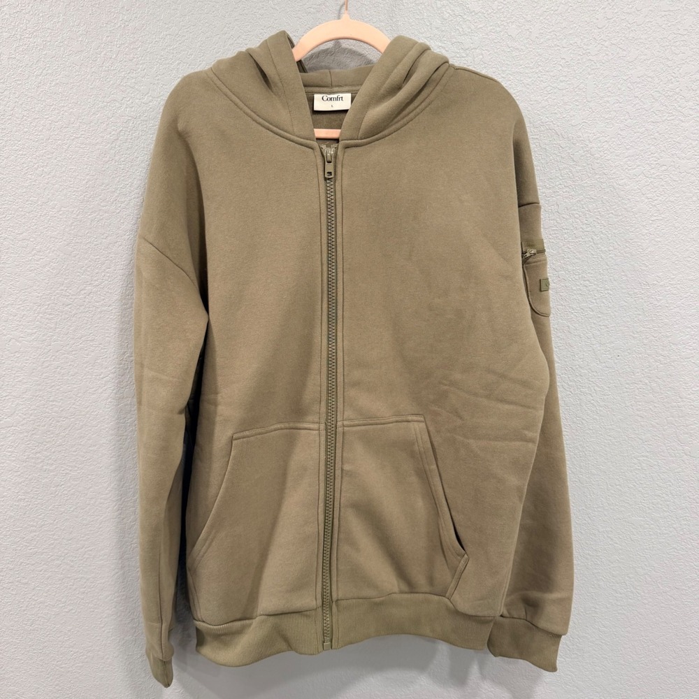 Comfrt Mens L Travel Essentials Full Zip‎ Hoodie Green/Taupe Fleece Utility Arm